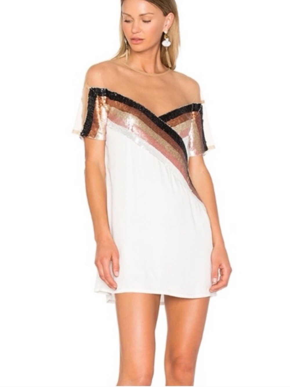 Sheer Yoke Sequin Chevron Mini Dress or Tunic Top Nude, White